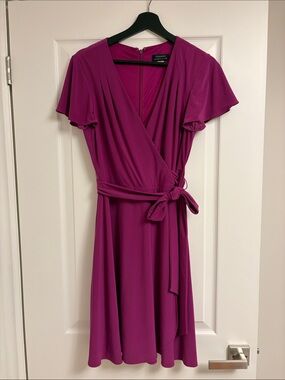 Tahari ASL Fuchsia Wrap-Style Midi Dress with Tie Waist